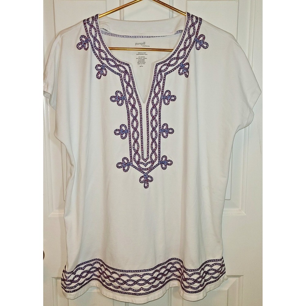 Pure J Jill L Petitie Ivory Embroidered V-Neck Linen Viscose Tunic Top‎ White